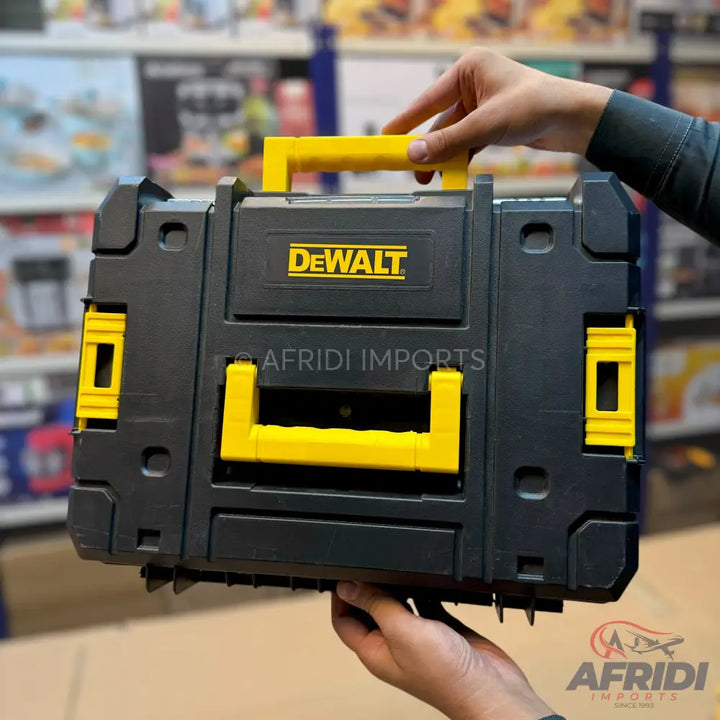 Black and yellow Dewalt tool storage box with a carrying handle.