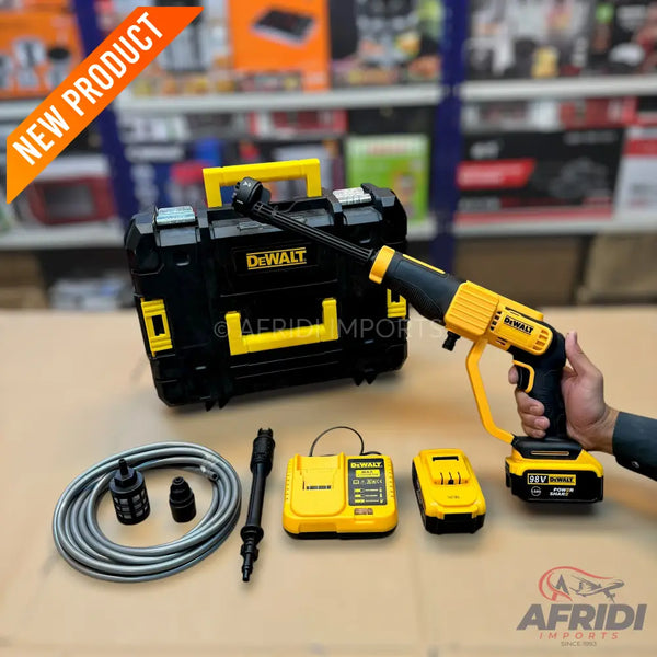 A portable DeWalt pressure washer kit with a case, sprayer, hose, and two batteries.