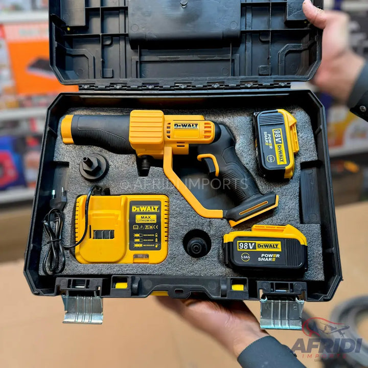Yellow and black cordless electric screwdriver kit with two batteries and a charger, presented in a fitted carrying case.