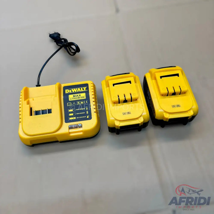 A yellow DeWalt battery charger with two matching battery packs.