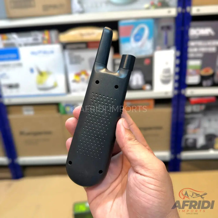 Black handheld walkie-talkie with an antenna and speaker grill.