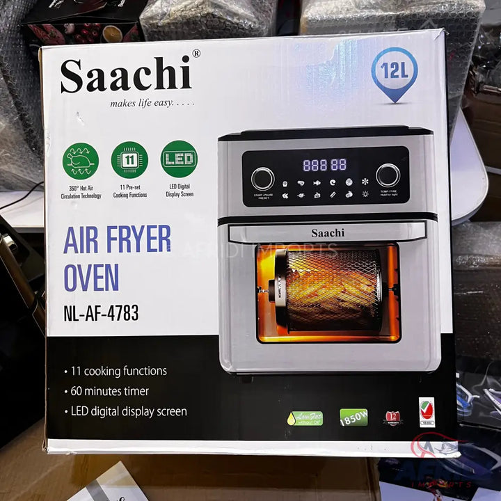 A Saachi 12L Air Fryer Oven with 11 cooking functions, a 60-minute timer, and an LED digital display.