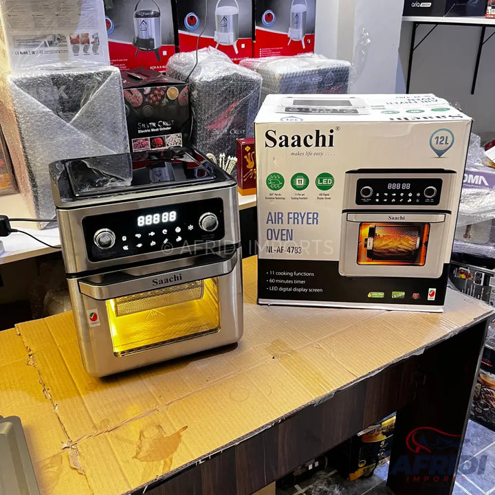 A stainless steel air fryer oven with a digital display and a transparent door.