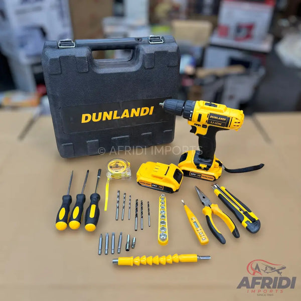A comprehensive Dunlandi cordless drill and tool kit.