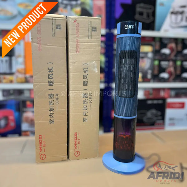A tall, slender, dark blue and black electric space heater with a light blue base.
