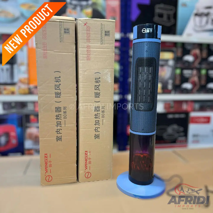 A tall, slender, dark blue and black electric space heater with a light blue base.