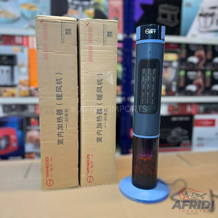 A tall, slender, dark blue and black electric space heater with a light blue base.