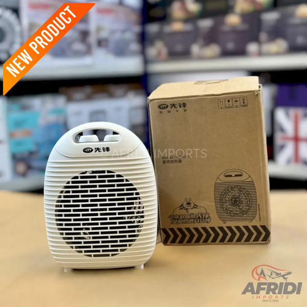 A compact white electric space heater with a fan-style grill.
