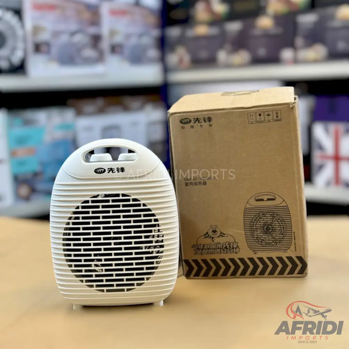 A compact white electric space heater with a fan-style grill.