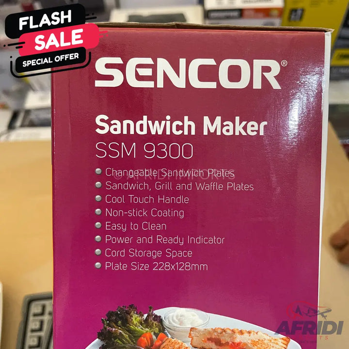 Sencor Sandwich Maker SSM 9300 with changeable sandwich, grill, and waffle plates, cool touch handle, non-stick coating, easy to clean, power and ready indicator, cord storage space, and plate size 228x128mm.