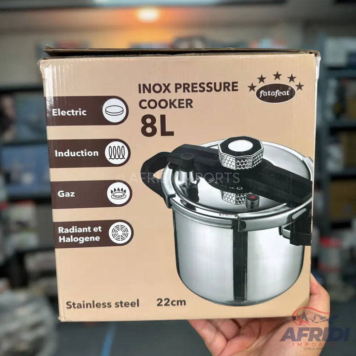 8L stainless steel pressure cooker suitable for electric, induction, gas, radiant, and halogen cooktops.