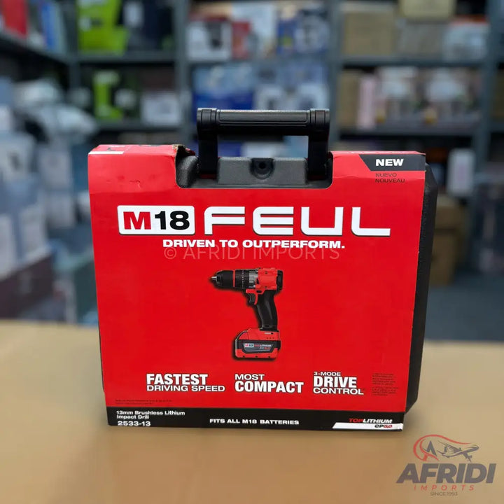 Red and black Milwaukee M18 FUEL cordless drill kit.