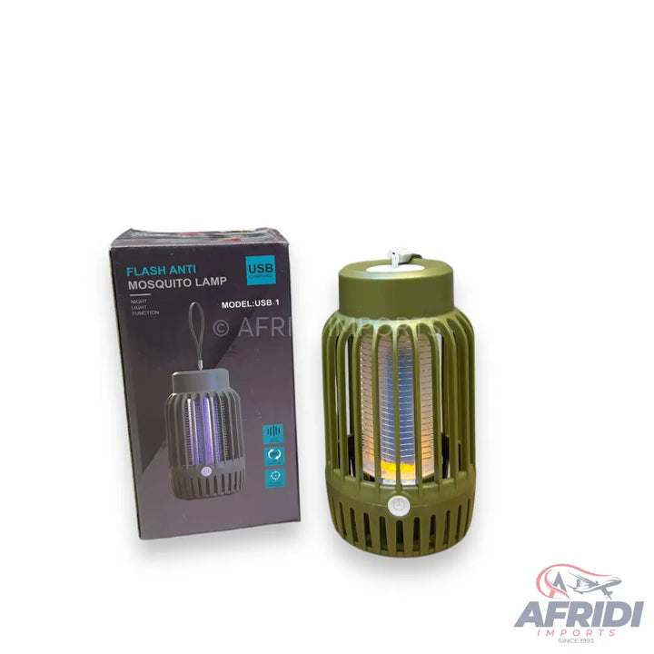 A portable, USB-powered, olive green mosquito lamp with a purple and yellow light, designed for indoor and outdoor use.