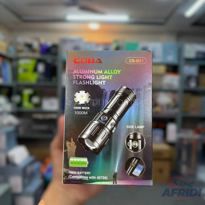 A black aluminum alloy strong light flashlight with a side lamp, 100W wick, 1000M range, and a 26650 battery (compatible with 40700).