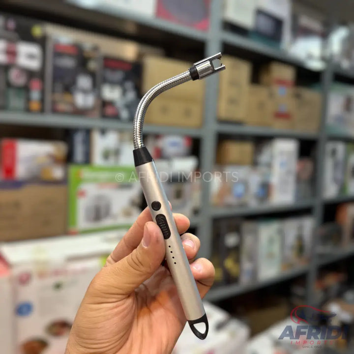 A silver, flexible neck, rechargeable electric arc lighter with a power button and battery indicator lights.