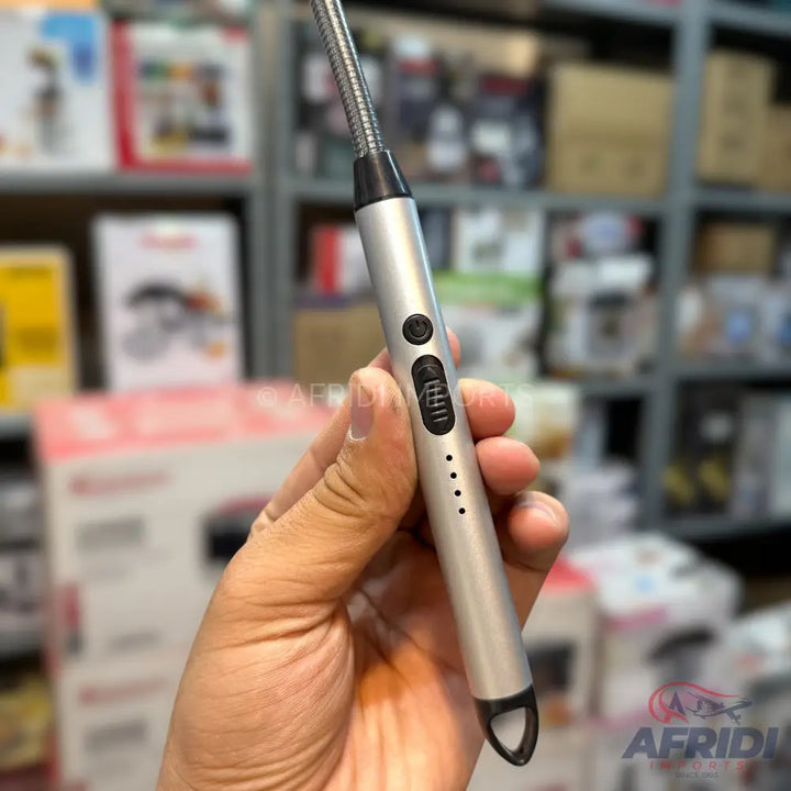 A silver, flexible-neck electric arc lighter with a power button, ignition button, and battery level indicator lights.