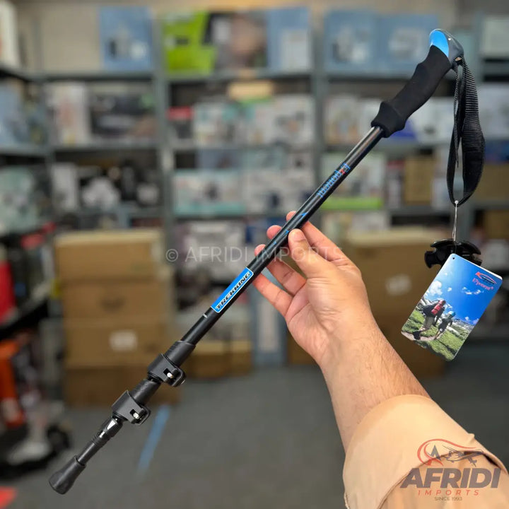 Black adjustable trekking pole with a blue handle accent.