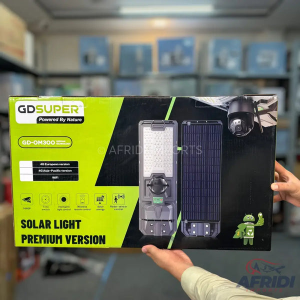 Packaged solar light with an integrated camera and solar panel.