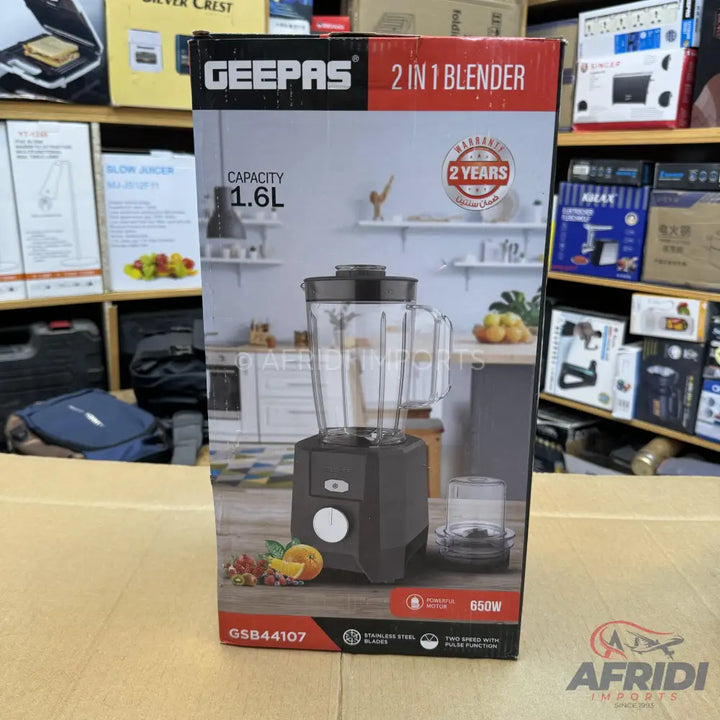 A black ’2 in 1’’ blender with a 1.6L capacity and a 650W motor, offering two-speed with pulse function and stainless steel blades.