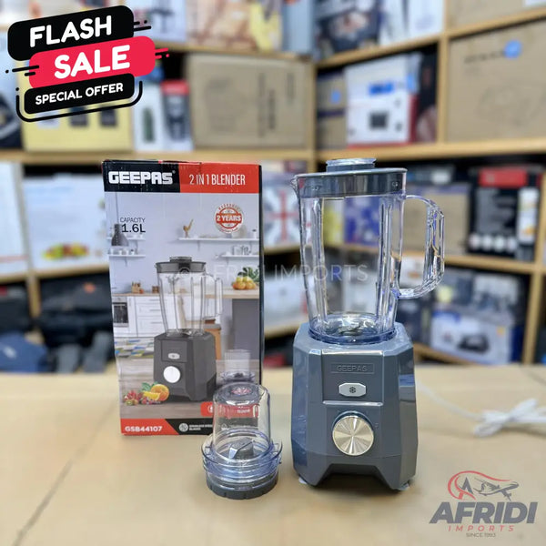 A gray 2-in-1 blender with a 1.6L capacity and a 2-year warranty.