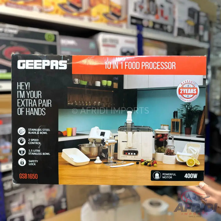 Geepas 10-in-1 food processor with a 400W powerful motor and a 2-year warranty.