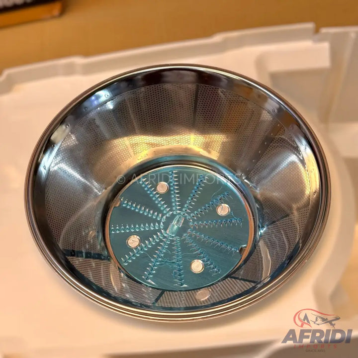 A stainless steel juicer filter basket with a built-in grater.