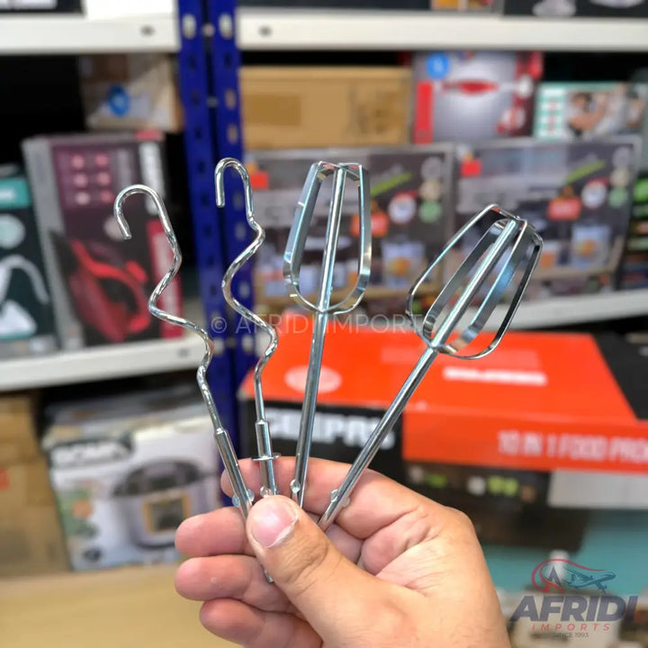 A set of four stainless steel electric mixer attachments, including two dough hooks and two beaters.