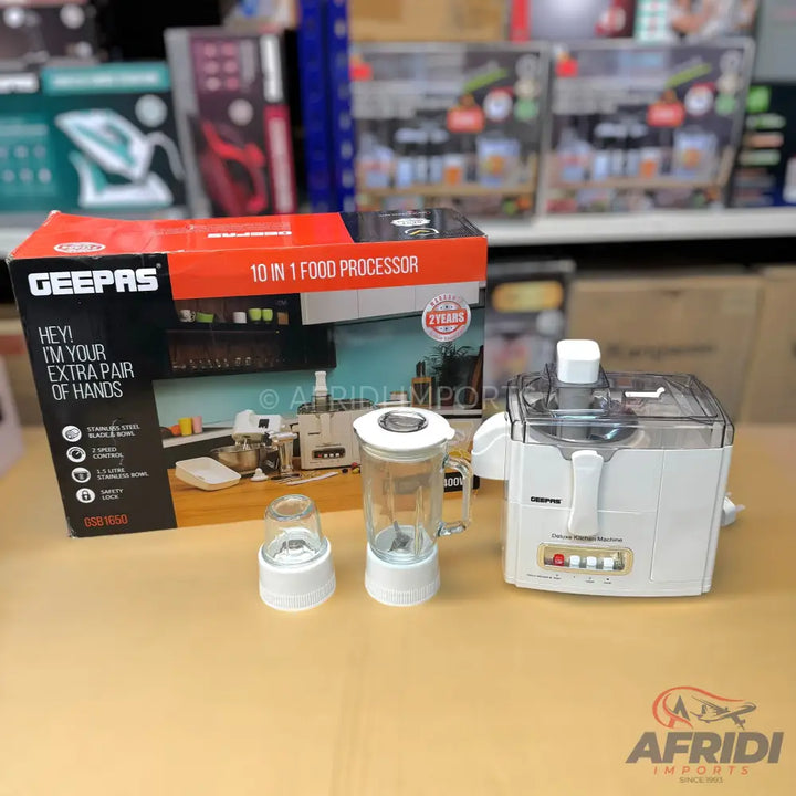 A white Geepas 10-in-1 food processor with a juicer, blender, and grinder attachments.