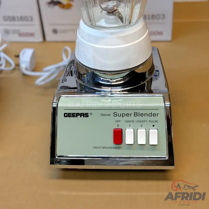 A Geepas Deluxe Super Blender with a clear pitcher, multiple speed settings, and a circuit breaker reset button.