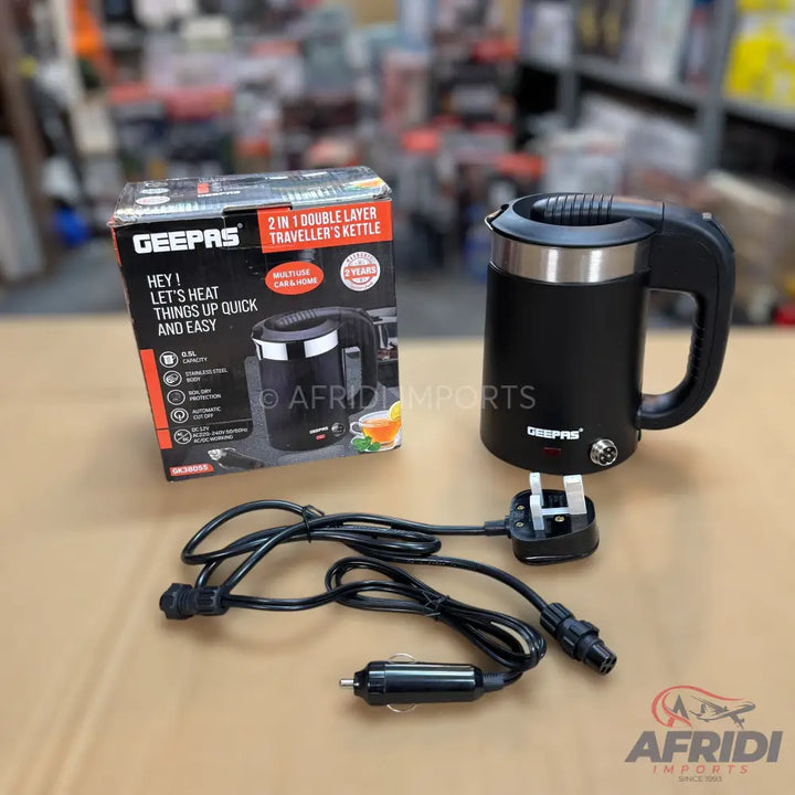 Black Geepas 2-in-1 double-layer traveler’s kettle with car and home charging cables.