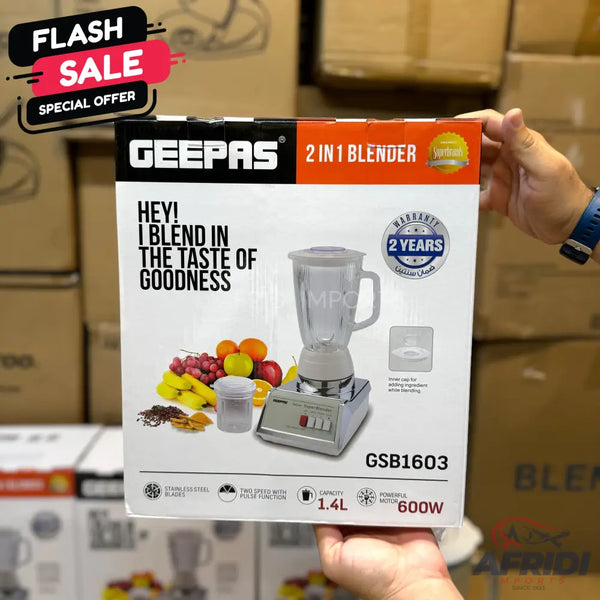A Geepas 2-in-1 blender with a 1.4L capacity and 600W powerful motor, featuring stainless steel blades, two speed with pulse function, and a 2-year warranty.