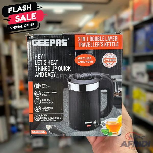 A black, 0.5L capacity, stainless steel, multi-use electric kettle with boil-dry protection, automatic cut-off, and DC 12V/AC220-240V 50/60Hz AC/DC working.