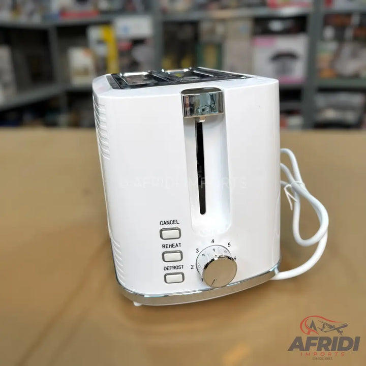White two-slice toaster with reheat, defrost, and cancel functions, and a browning control dial.