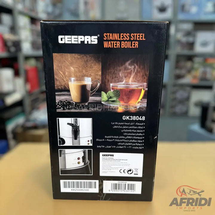 Black box for a Geepas stainless steel water boiler.