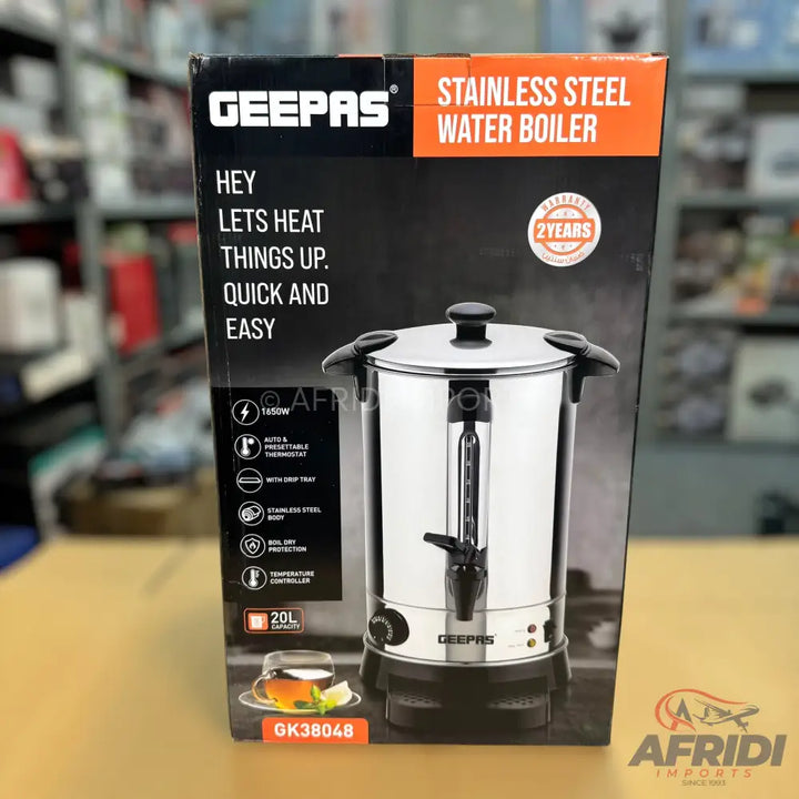 A stainless steel hot water boiler with a spigot, temperature control, and a 20L capacity.