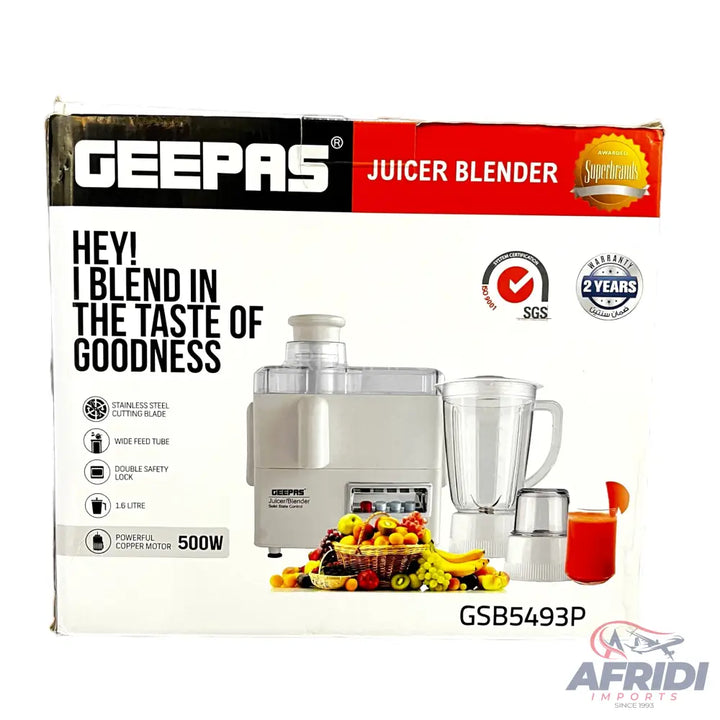 A Geepas 500W juicer blender with a 2-year warranty and various features for blending and juicing.
