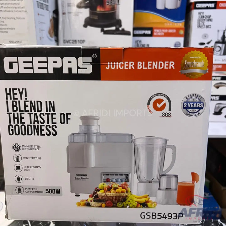 A Geepas juicer blender with a 500W powerful copper motor, stainless steel cutting blade, wide feed tube, double safety lock, and 1.6-liter capacity.