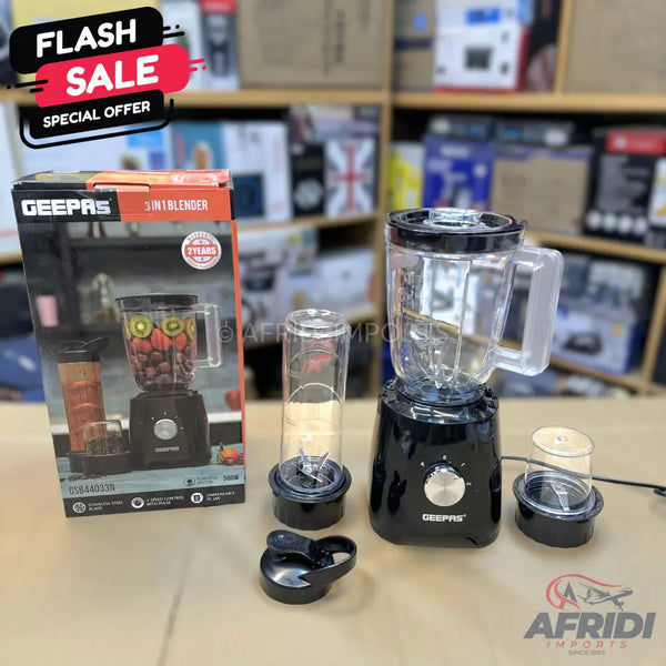 A black Geepas 3-in-1 blender with multiple attachments.