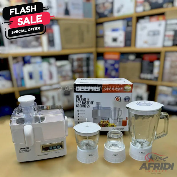 A white, multi-functional kitchen appliance set, including a juicer, blender, and two grinders.
