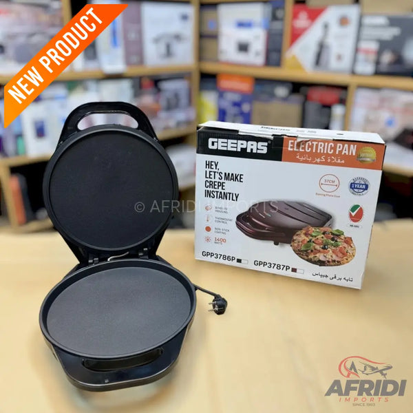 Black electric crepe maker with a non-stick coating and a hinged lid.