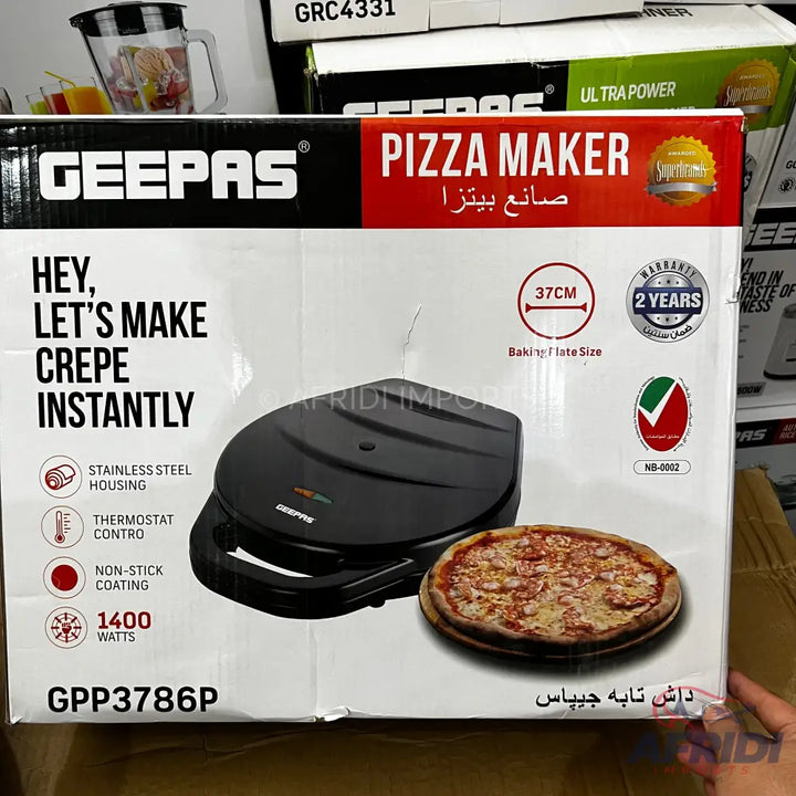 Geepas pizza maker with a 37cm baking plate, 1400 watts, non-stick coating, thermostat control, and stainless steel housing, offering a 2-year warranty.