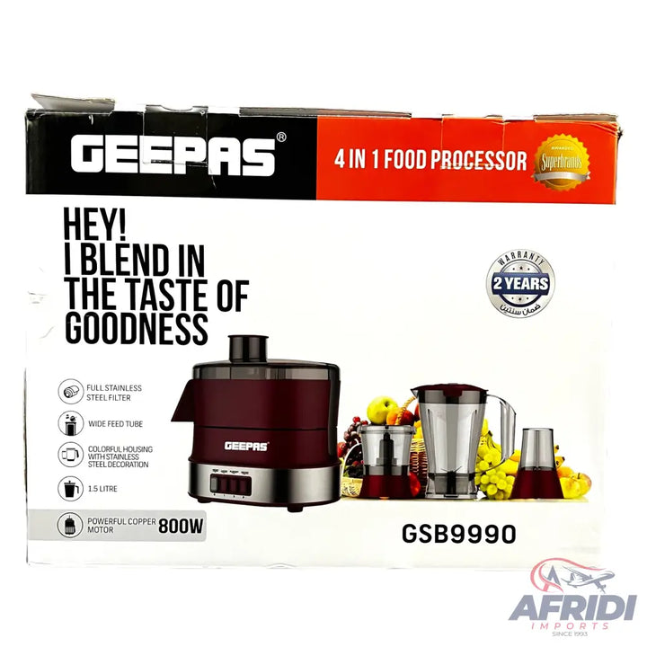 Red and silver 4-in-1 food processor with an 800W motor.