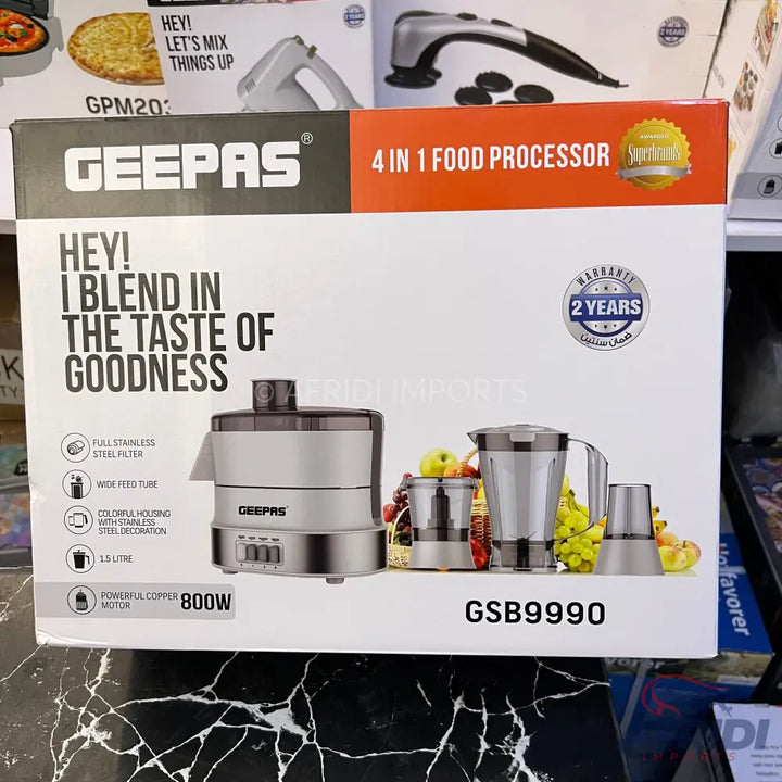 A Geepas 4-in-1 food processor with an 800W motor and a 2-year warranty.