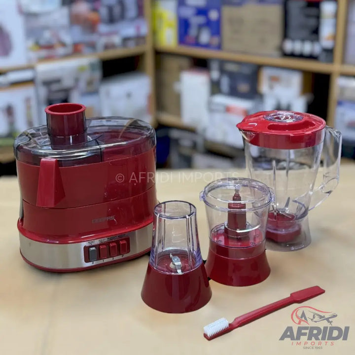 Red multi-functional food processor with blender and grinder attachments.