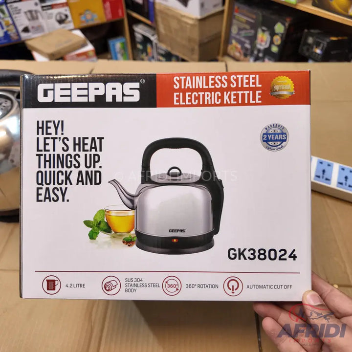 A Geepas stainless steel electric kettle with a 4.2-liter capacity and automatic shut-off.