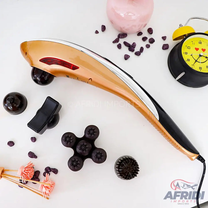 A handheld electric massager with interchangeable heads.