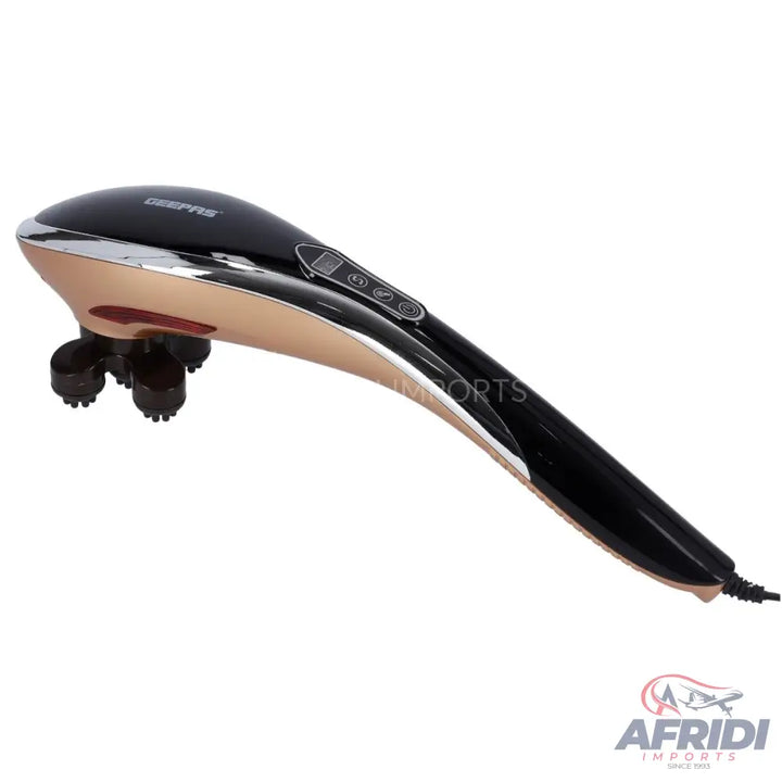 Black and gold handheld electric massager with four rotating massage heads.