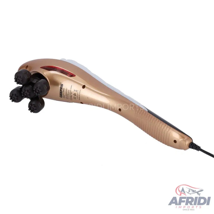 A gold and black handheld electric massager with multiple rotating massage heads.
