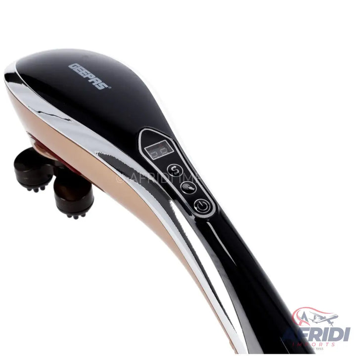 Black and rose gold handheld electric massager with multiple massage heads and control buttons.