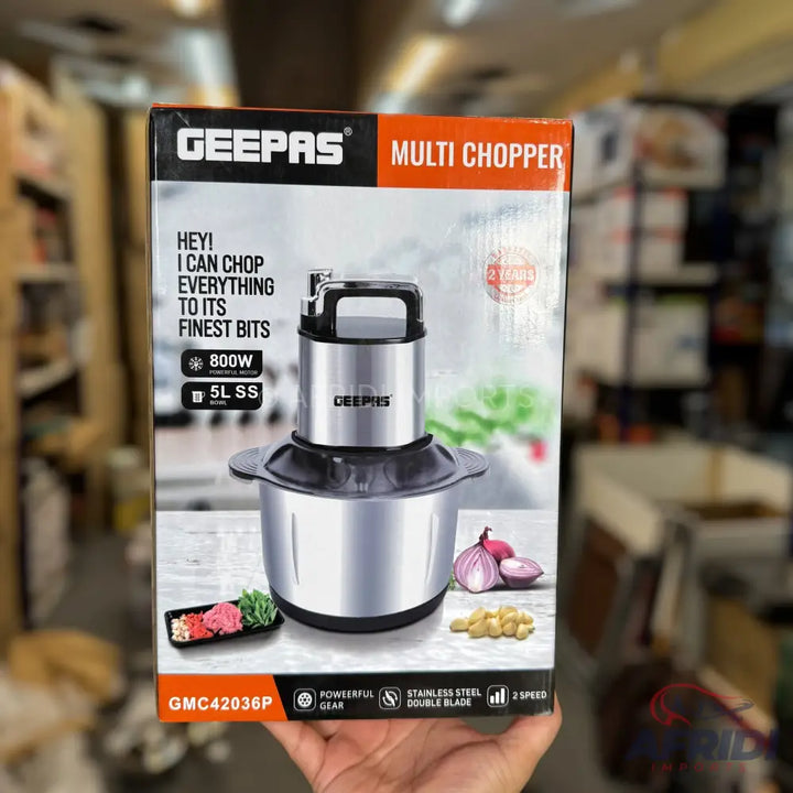 A Geepas multi chopper with an 800W motor, 5L stainless steel bowl, powerful gear, and a stainless steel double blade, offering 2 speeds.